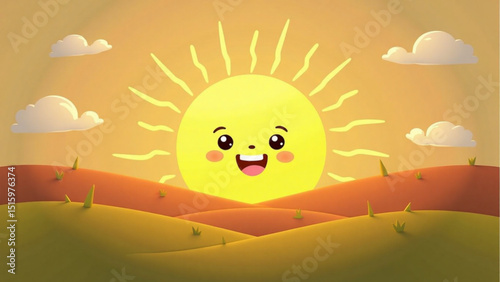 Cheerful smiling sun rising over rolling hills in a vibrant and playful landscape