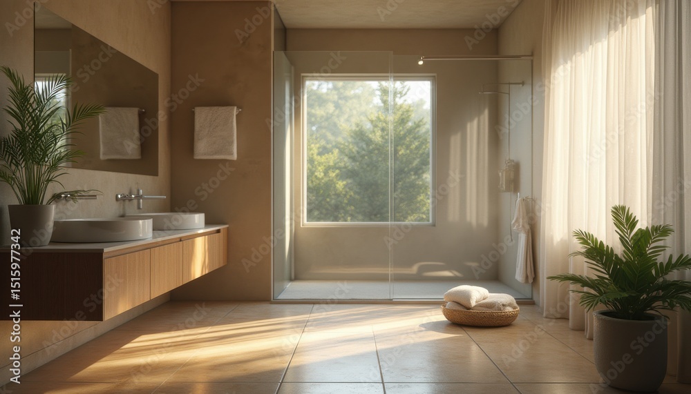 Fototapeta premium Modern bathroom with sunlight streaming in and plants