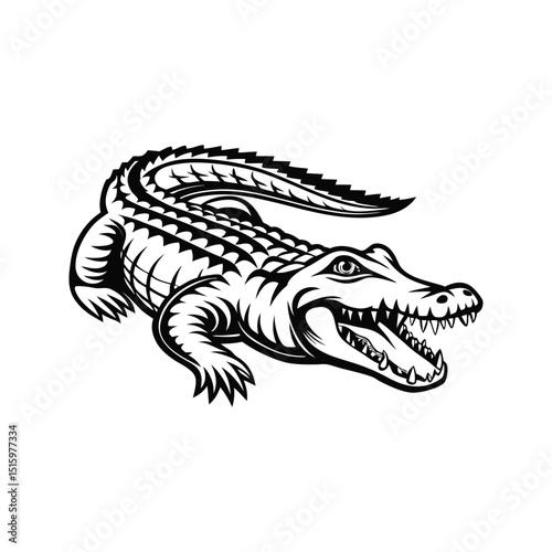 Vector illustration of an aggressive alligator mascot emblem in a bold black and white design.