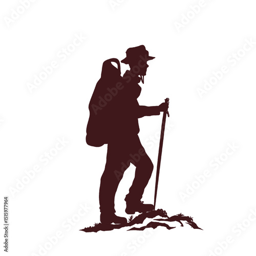 silhouette of a man climbing a mountain holding a stick without a background