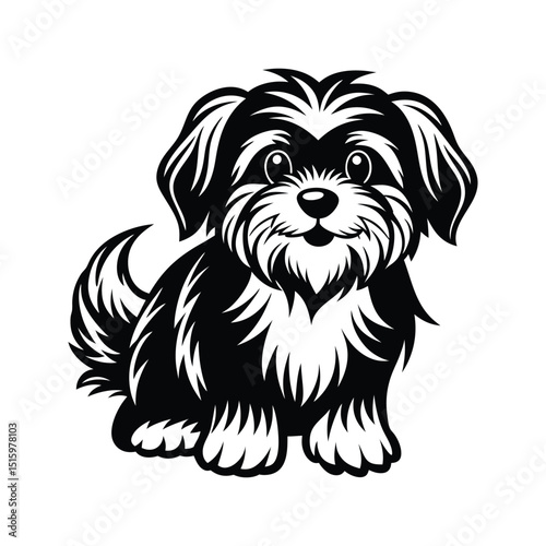 Adorable black and white cartoon illustration of a playful happy smiling puppy dog