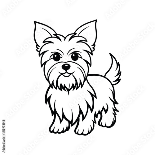 Adorable black and white cartoon illustration of a yorkshire terrier puppy dog smiling