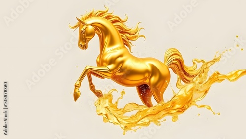 Majestic golden horse leaping with fluid effect on a light cream colored background