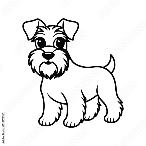 Adorable black and white line art illustration of a schnauzer dog in standing pose