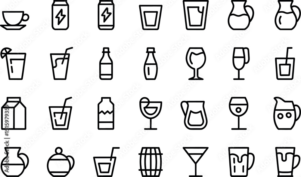 Collection of simple drink icons illustrating various beverages for digital design purposes Collection of simple drink icons illustrating various beverages for digital design purposes