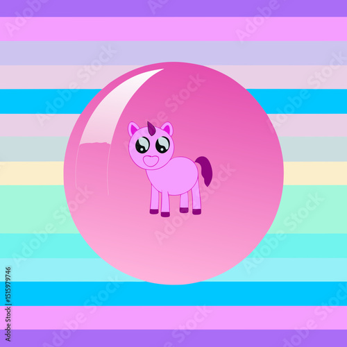 round pink pony icon on white background with rainbow background