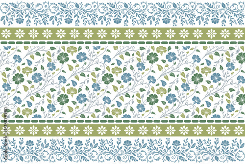 Floral border pattern for textiles.Hand drawn one line art.Modern seamless sketch.Minimal botanical repeat.Fashion texture design

