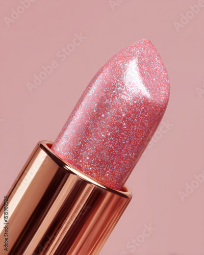 Closeup of shimmering pink lipstick in rose gold tube, showcasing its elegant finish and sparkling texture. This product embodies beauty and sophistication, perfect for enhancing any makeup look