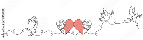 Line art of hand praying religiously with faith in heart and flying dove. for peace and gratitude.