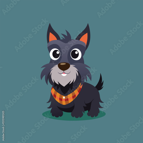 Adorable cartoon illustration of a scottish terrier dog wearing a plaid scarf and sitting