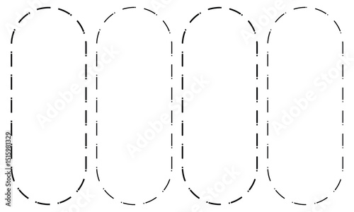 Set of rectangle shapes with dashed lines. Dotted geometric figures isolated on white background. Cut here pictograms for paper coupons or sale tags. Vector outline illustration.