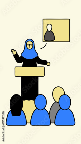 Woman in hijab giving a presentation to an audience with a screen behind her
