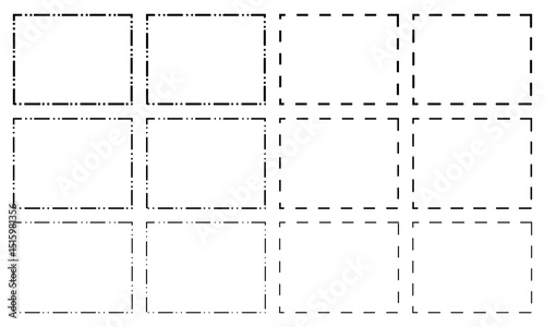 Set of rectangle shapes with dashed lines. Dotted geometric figures isolated on white background. Cut here pictograms for paper coupons or sale tags. Vector outline illustration.