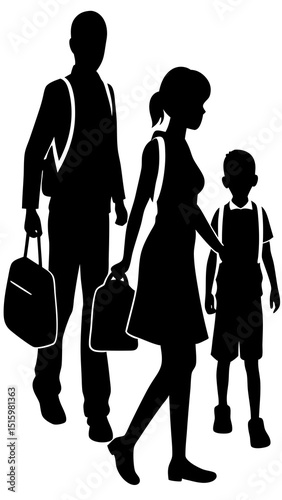 Silhouette illustration of family with bags and backpacks walking together