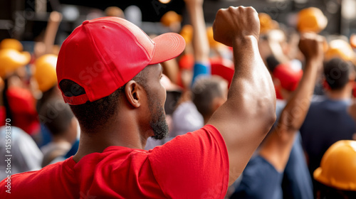 A man in a red shirt and hat is standing in front of a crowd of people
