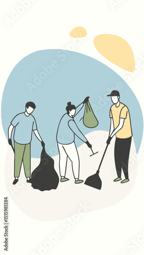 Three people cleaning up litter with bags and a broom in an outdoor setting