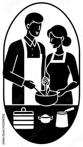 Couple cooking together in an oval frame with kitchenware and utensils shown