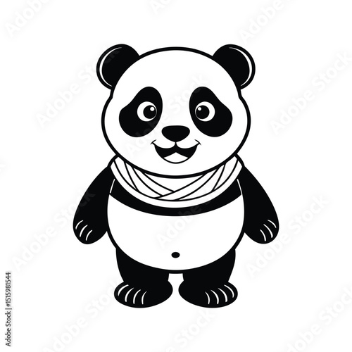 Adorable cartoon panda smiling and wearing a stylish scarf in black and white illustration