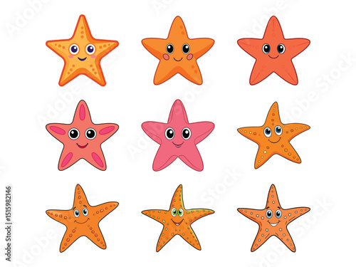 Adorable cartoon starfish collection in various colors with cute facial expressions on white background