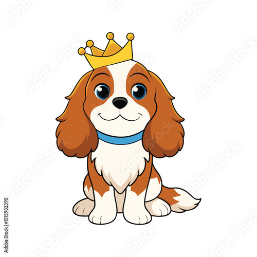 Adorable cavalier king charles spaniel dog wearing a golden crown in cartoon illustration