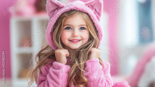 A young girl in a pink hooded sweatshirt is smiling and posing for a picture