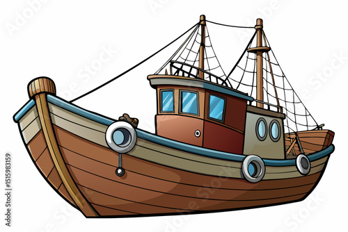 Hyperrealistic 8K Image of an Old Vintage Wooden Fishing Boat with Rustic Hull and Detailed Fishing Nets Isolated on White Background for Nautical, Maritime, and Coastal Heritage Visual Content

