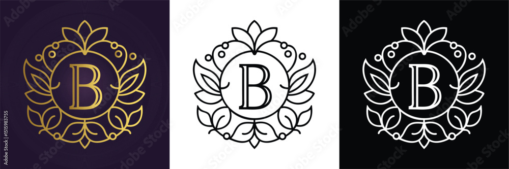 Ταπετσαρία Classic letter B monogram surrounded by a symmetrical floral wreath in gold, black, and white