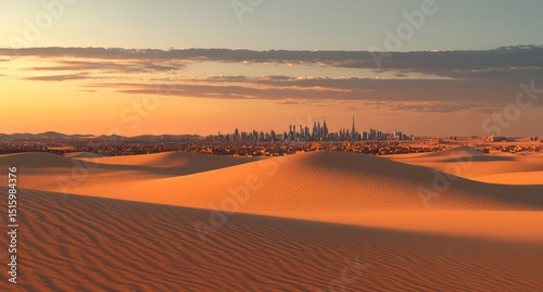 Golden desert meets futuristic city skyline at sunset