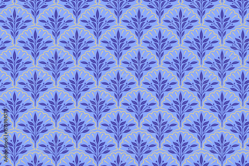 cherry plant with stem, leaves, branch colorful seamless pattern on blue background. olive plant with leaf swirl and crest crown doodle ornament decoration background for beauty fashion merchandise