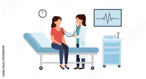 Flat vector illustration of a female doctor examining a patient with a stethoscope in a clinic or hospital room. Ideal for medical checkups and healthcare