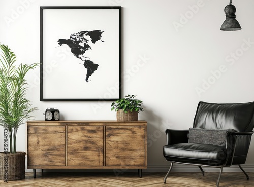 Modern room with world map framed print