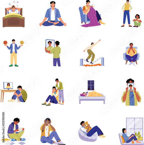 Set of Flat Style Mental Health Awareness Illustrations 

