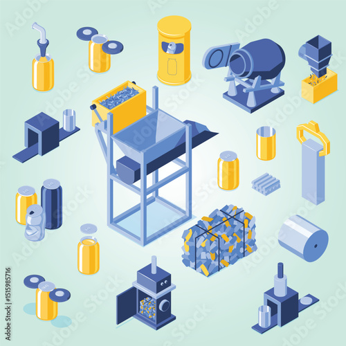 Aluminium cans recycling process stages isometric set from gathering sorting to pressing remolding rolling forming vector illustration
