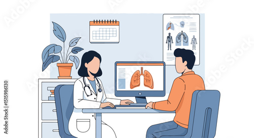Adobe Illustrator Artwork flat vector illustration of a female doctor explaining a lung X-ray on a monitor to a male patient. Ideal for respiratory health, medical consultation, and patient education