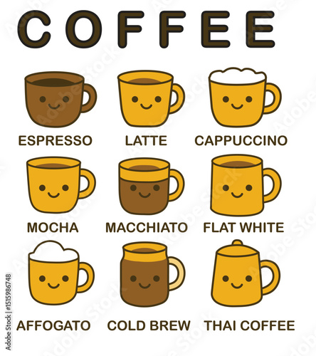 Line drawing of coffee related equipment in Kawaii style, isolate vector file.