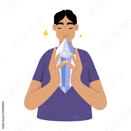 Flat style illustration showing a character in crystal meditation