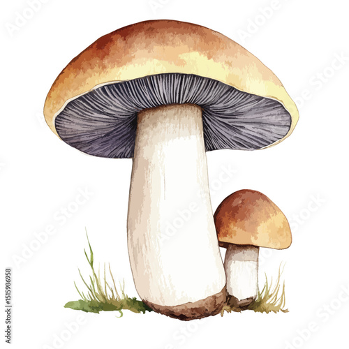 Watercolor Boletus Edulis Duo with Textured Caps and Delicate Grass Detail