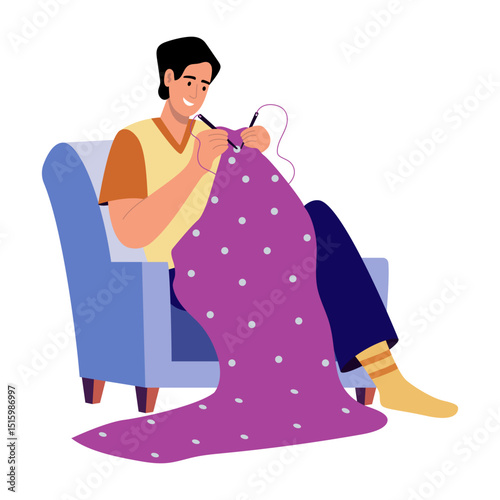 Flat style illustration showing a character peacefully knitting
