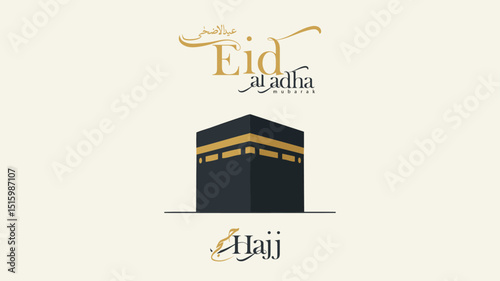 Eid al-Adha Mubarak and Hajj Greeting with Kaaba Illustration