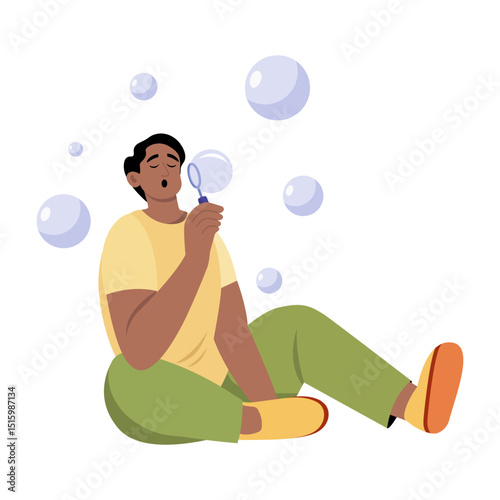 Flat style illustration depicting a character blowing bubbles