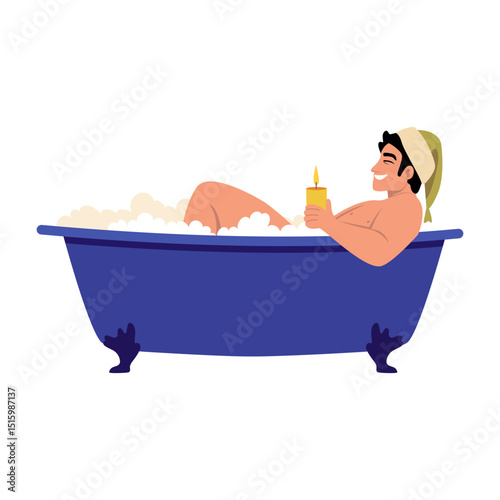 A flat style illustration showing a character taking a relaxing bath