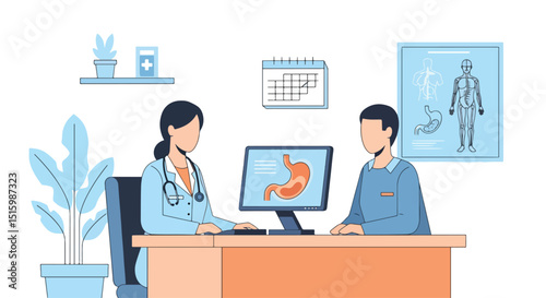 Adobe Illustrator Artwork Flat vector illustration of a female doctor showing a stomach scan on a computer to a patient during a medical consultation. Ideal for gastroenterology and health checkup