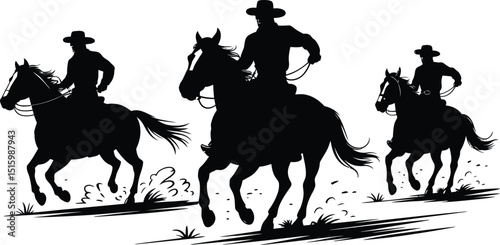 Cowboy riding horse silhouette with horses galloping in vector illustration