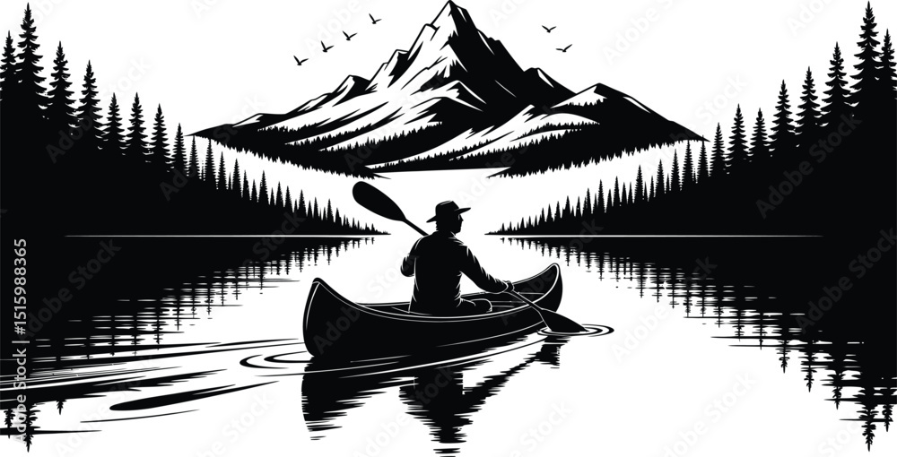 Fototapeta premium Silhouettes of a woman girl and man in a boat on water at sunset with natural landscape and reflections