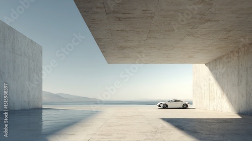 3D rendering of abstract modern concrete architecture with empty cement floor and minimalist exterior design showing clean lines and geometric shapes.