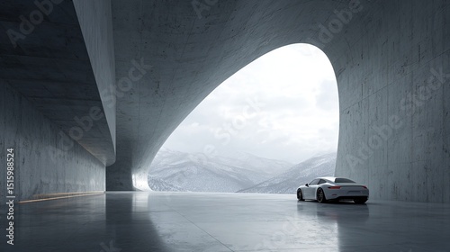 3D rendering of abstract modern concrete architecture with empty cement floor and minimalist exterior design showing clean lines and geometric shapes.