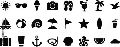 Black summer vacation and beach holiday icon set including sun, drink, flip-flops, starfish, sunglasses, and travel symbols