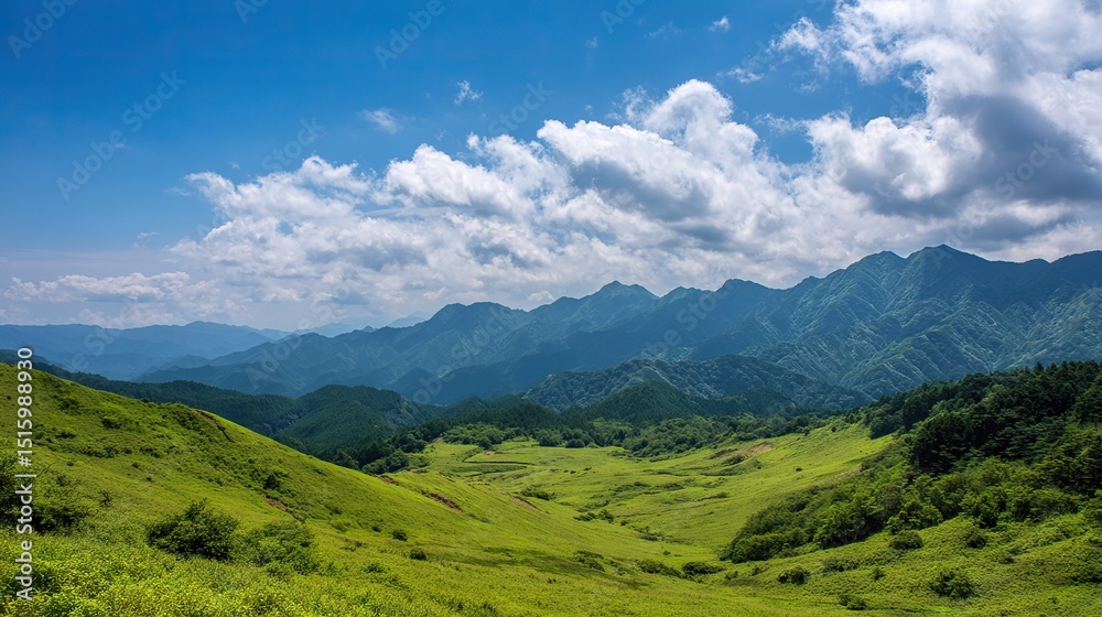 Obraz premium The wide-angle lens captures the lush meadows stretching out into the mountains in the distance under a clear sky, a picturesque natural landscape that is perfect for travel media.