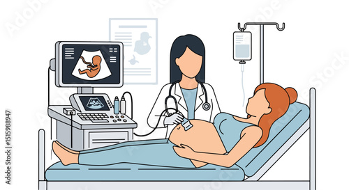Adobe Illustrator Artwork Clear flat vector illustration of a pregnant woman receiving a USG ultrasound examination by a female doctor. Highlights prenatal care and medical technology