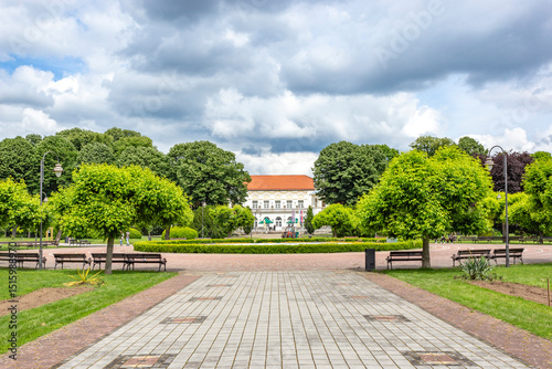 Park with pavilions in the town of Banja Koviljaca, Serbia. Currently a spa resort. photo